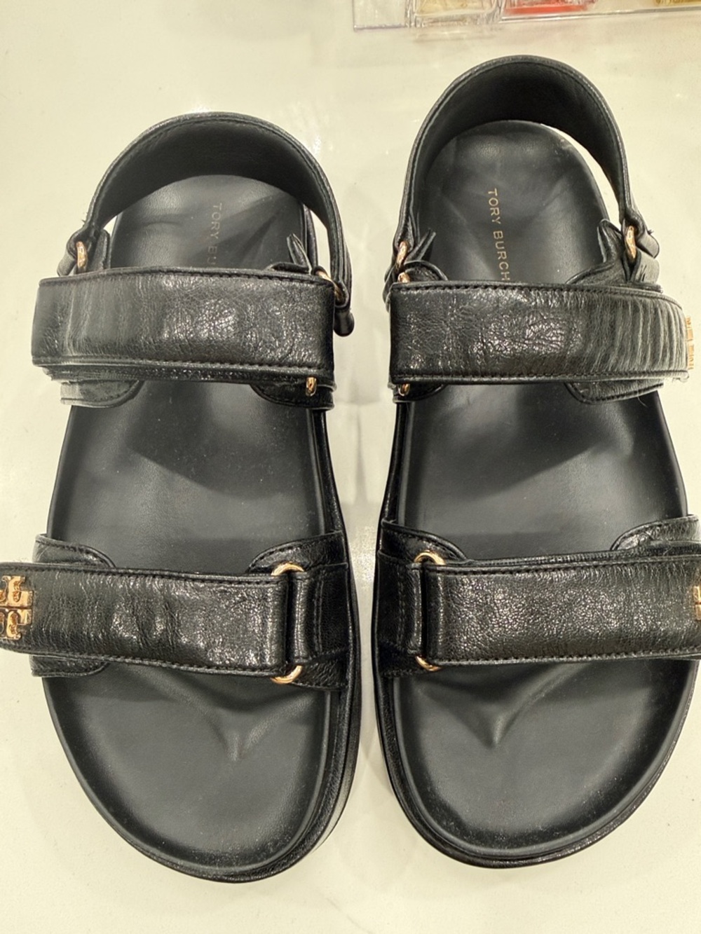 Tory Burch Black Leather Dual-Strap Sandals with Gold Accents
